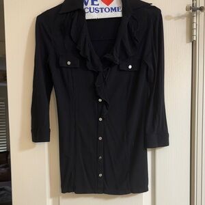 White House Black Market Black Ruffle Button Down Shirt